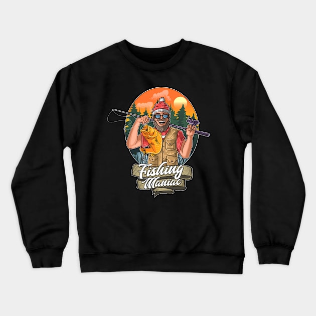 fishing maniac illustration Crewneck Sweatshirt by Mako Design 